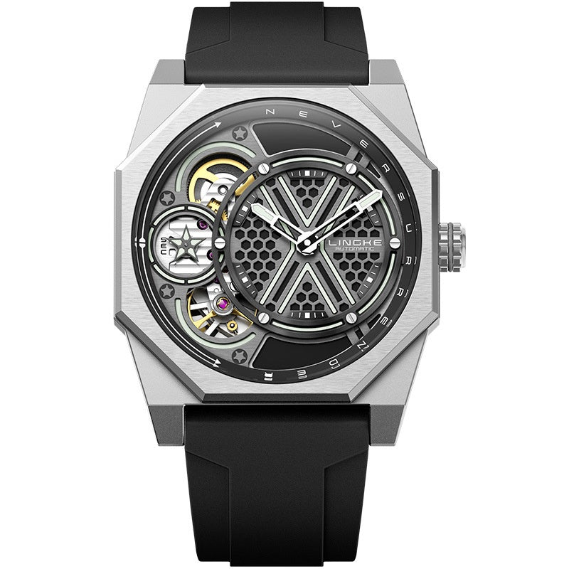 Montre homme Squelette en forme de tonneau Montre Quartz à double mouvement