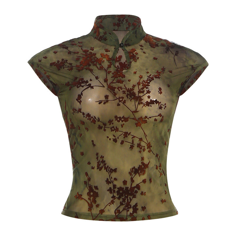 Déclaration sur le collier de style Cheongsam imprimé pour femmes haut de page