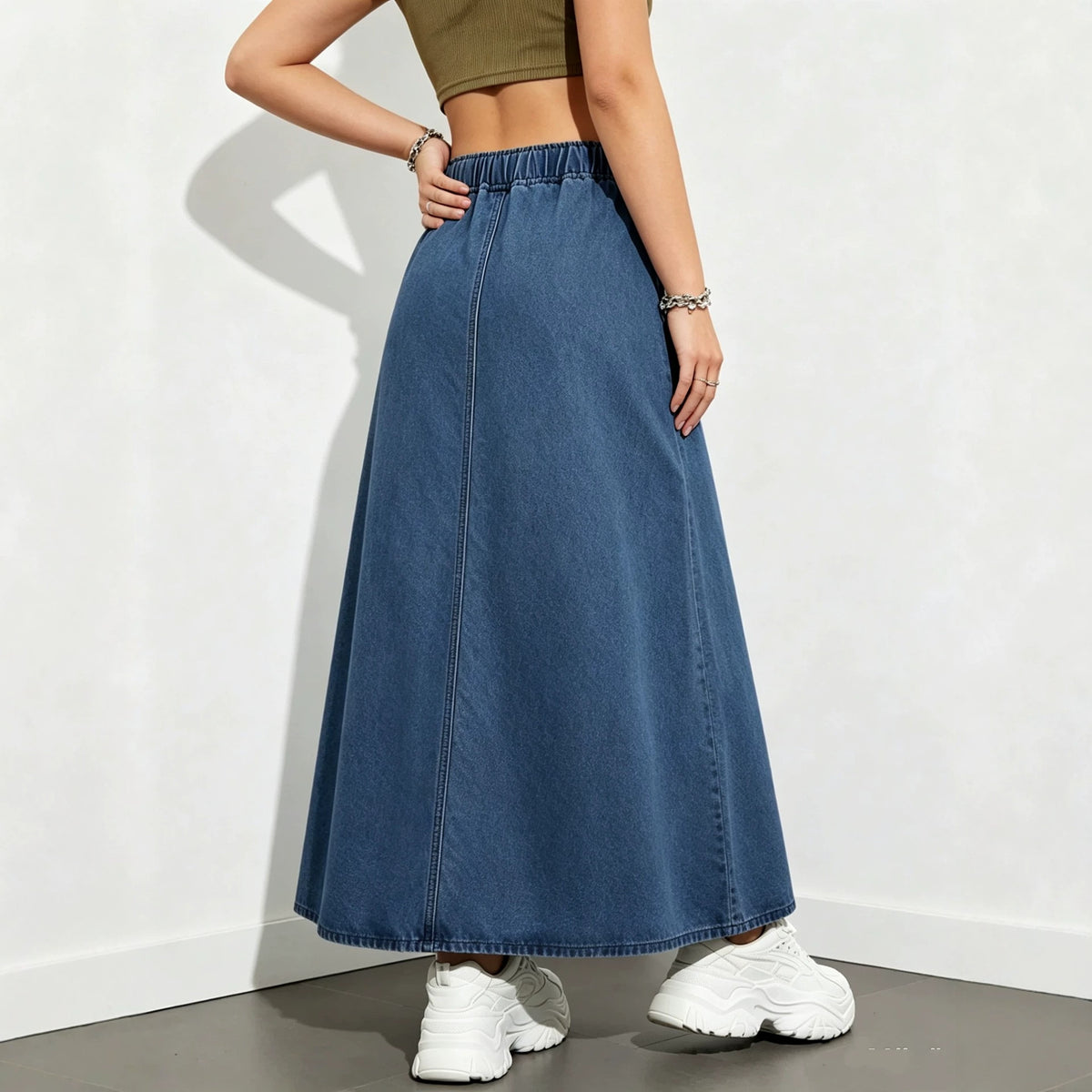 Jupe en Denim à coupe molle pour femmes avec une large taille d'ourlet et élastique