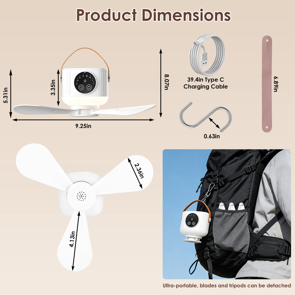 Ventilateur de plafond de tente 1Pc avec lampe 7200mah Batterie rechargeable Eventail suspendu W