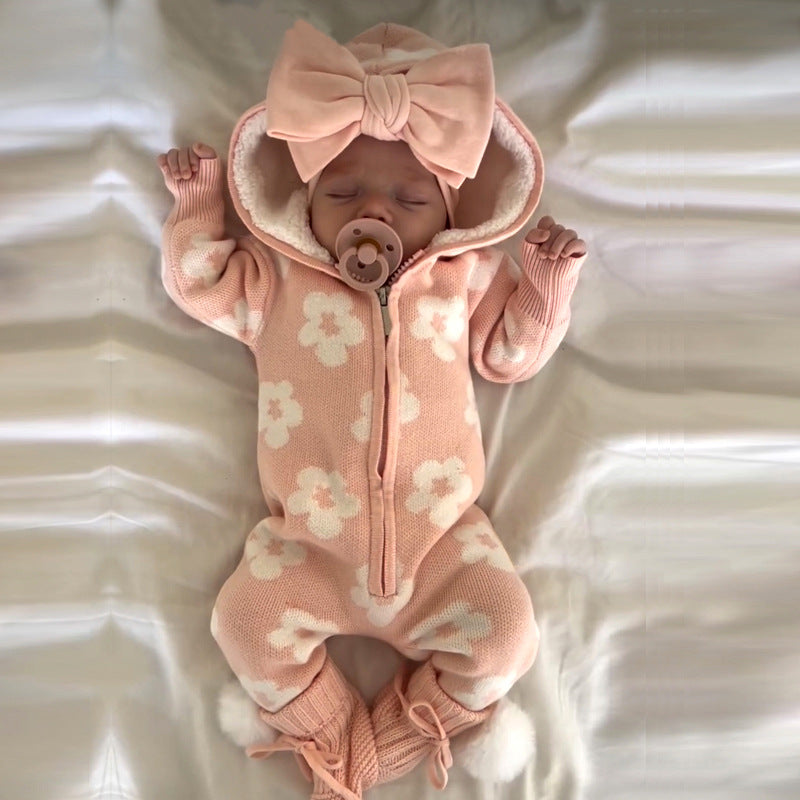 Bébé Épaisseur en tricot Floral Zip-Up à capuche Onesie