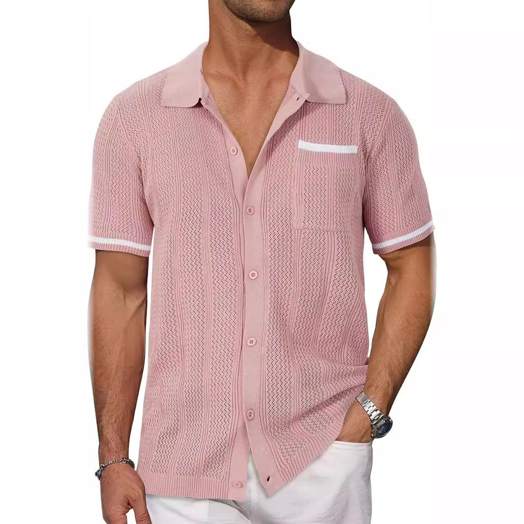 Chemise à manches courtes Poche Hollow Respirant Cool Summer Veste Casual Homme Cardigan