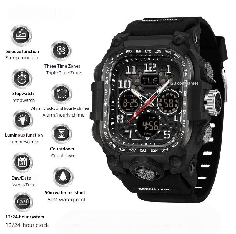 Montre numérique carrée Imperméable Sports Compte à rebours Chronomètre Multifonctionnel Randonnée en plein air Wris