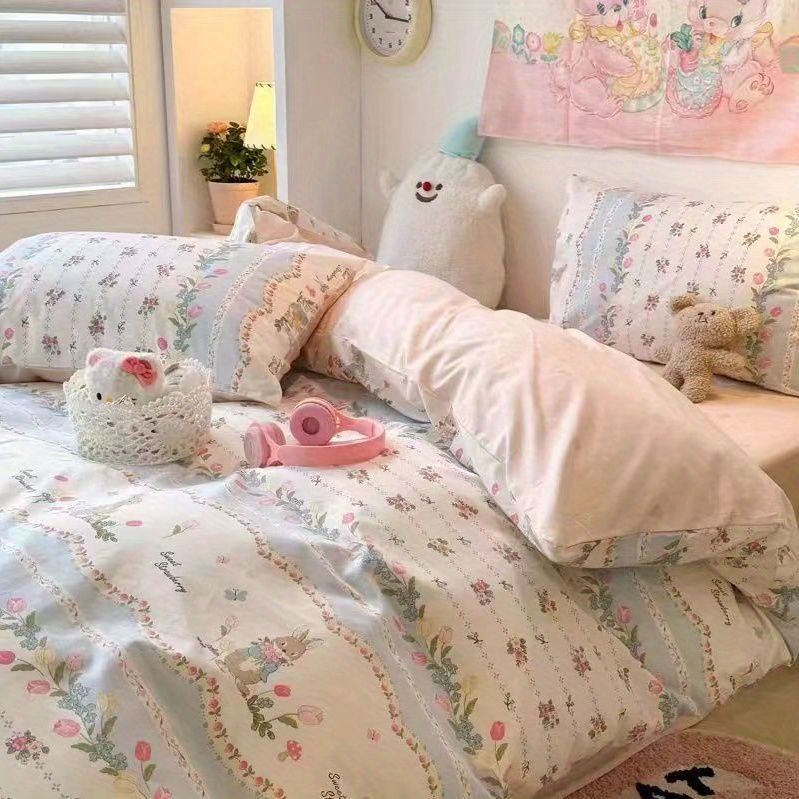 Draps de lit et couverture de couette en coton lavé doux Ensemble de quatre pièces