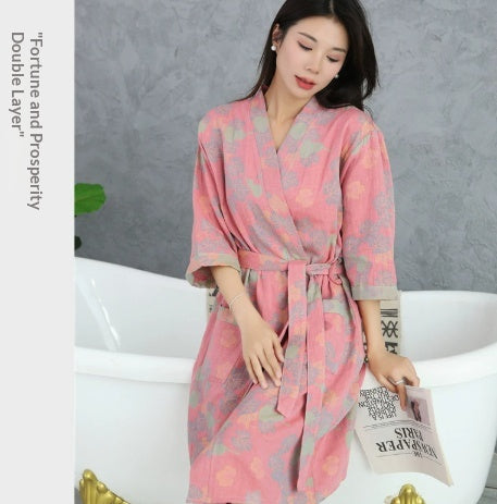 Coton Double couche Gauze peignoir mince pyjama d'été Lunettes de nuit