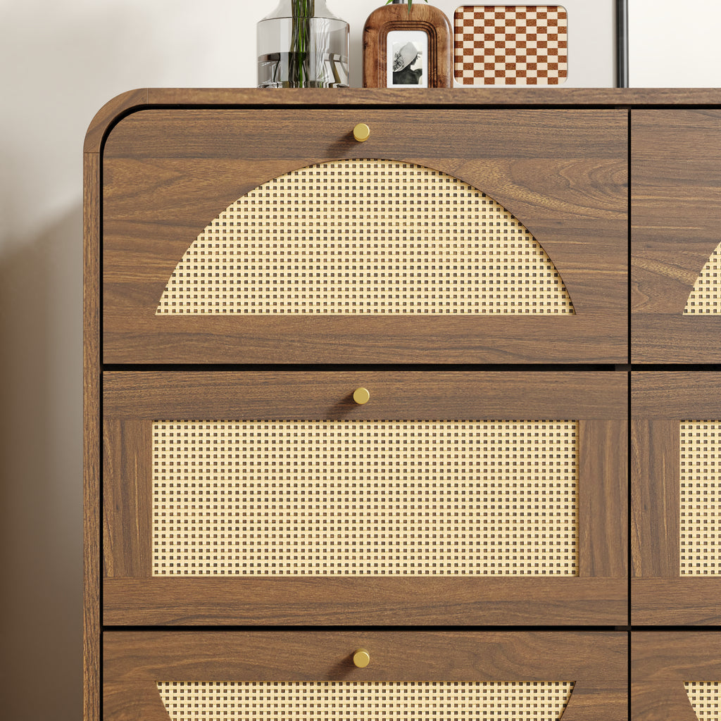 Finition de noix Dressing 9-Drawer avec Rattan Front