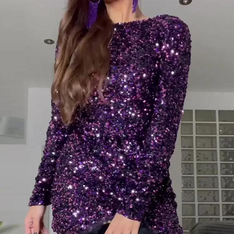 Sequined long sleeve crew neck sheath dress