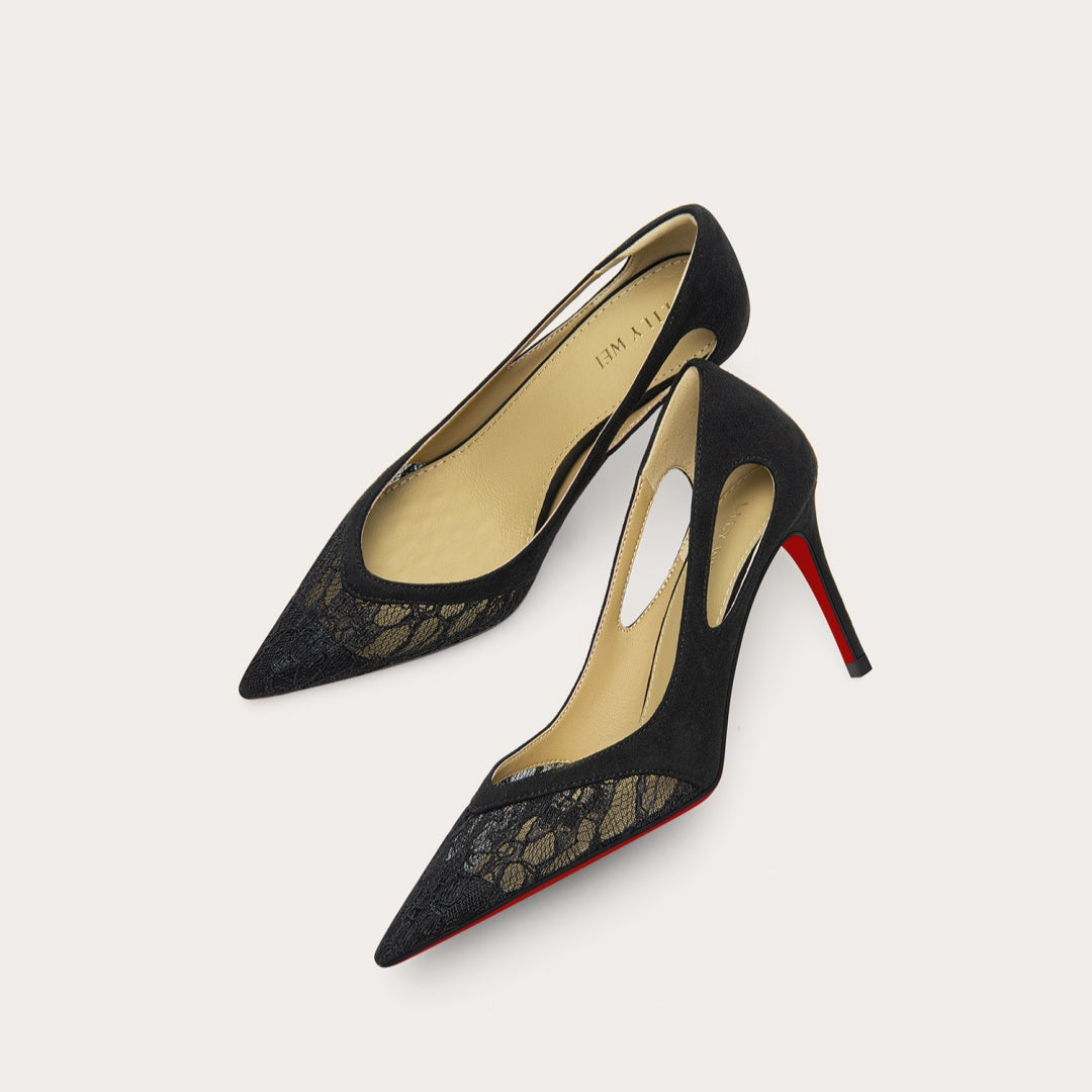 Élégante Dentelle Noire Talons hauts avec une semelle rouge