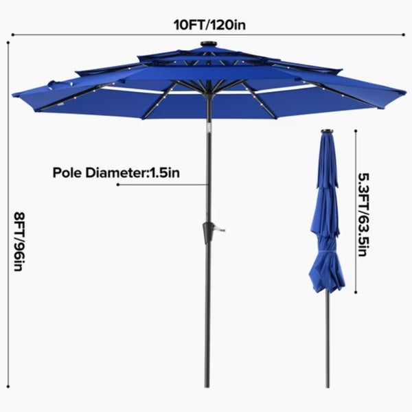 10 FT 3-Layer Solar Patio Umbrella 32 LED Lights Market Umbrella with Adjustable Tilt 8-Rib