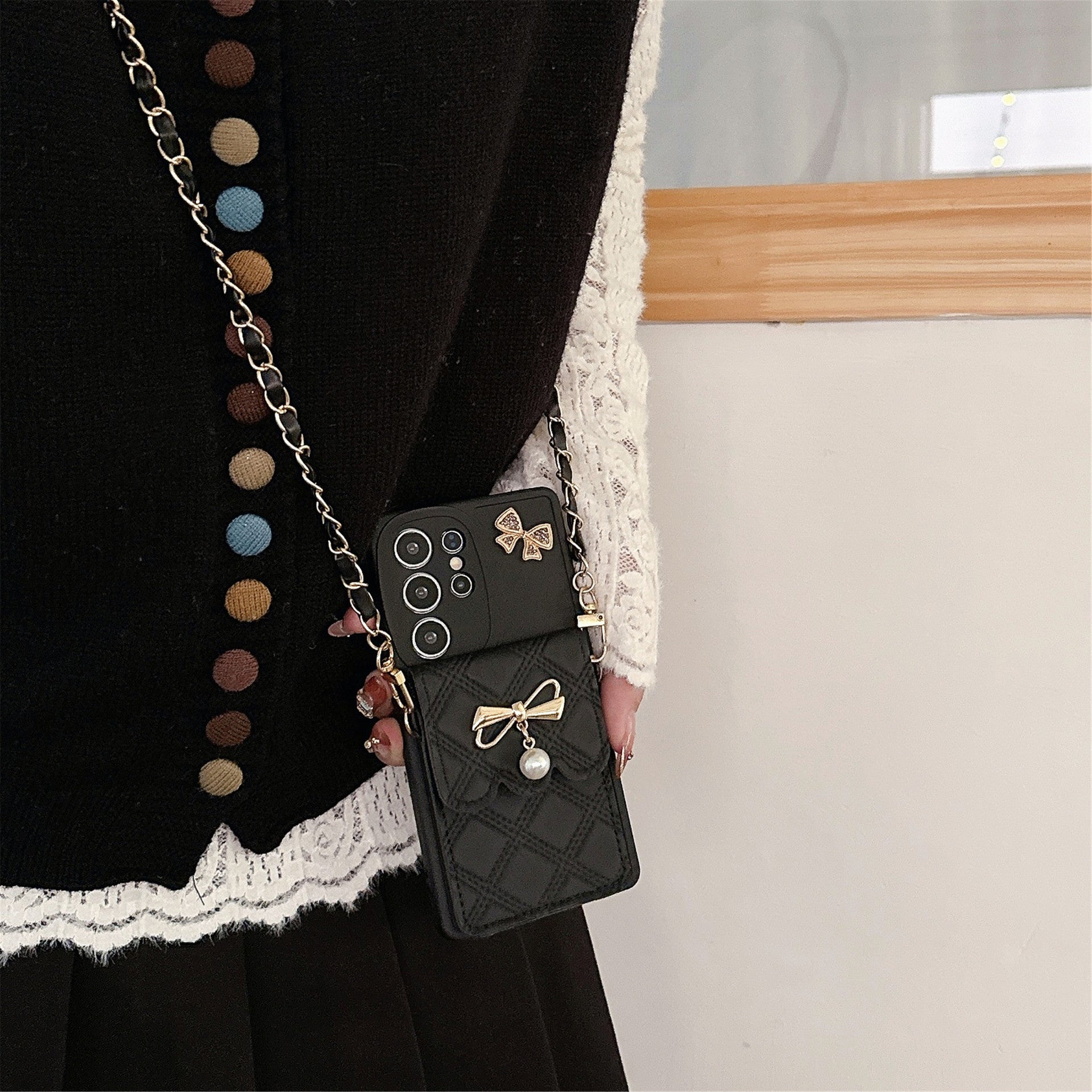 Applicable au boîtier de téléphone S25Ultra Pearl Butterfly Rhombus Porte carte Case de téléphone