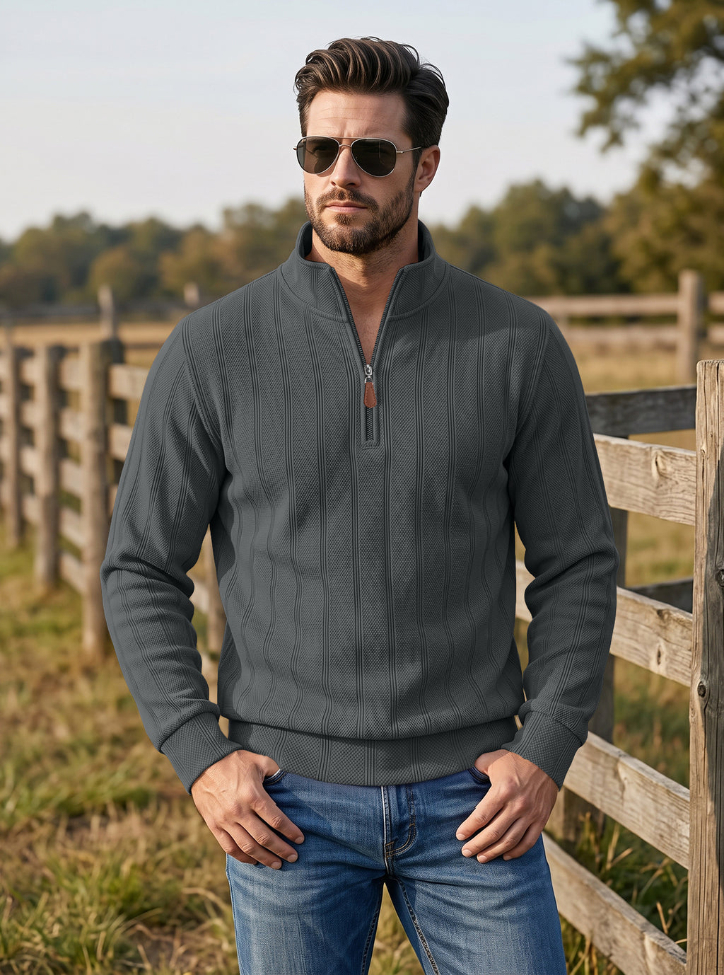 TK Hommes Vertical Stripe Waffle Half-Zip Stand Collar Long Sleeve Top
