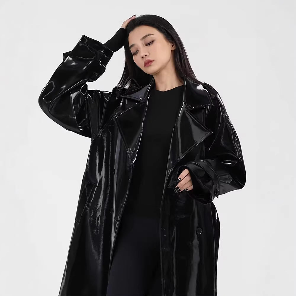 Femmes miroir-look cuir mode boîte de nuit longue tranchée manteau veste