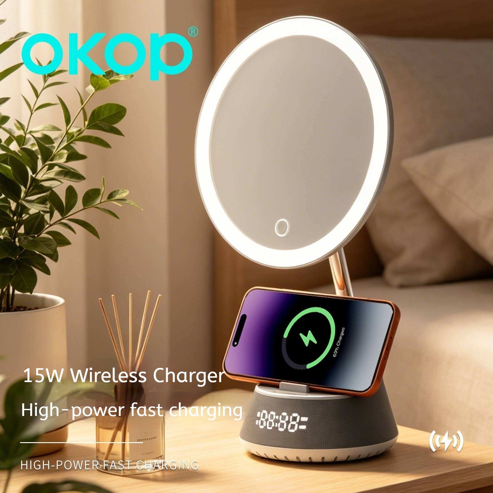 KP-856 Smart Magnetic Makeup Mirror avec charge sans fil et éclairage de remplissage Outp