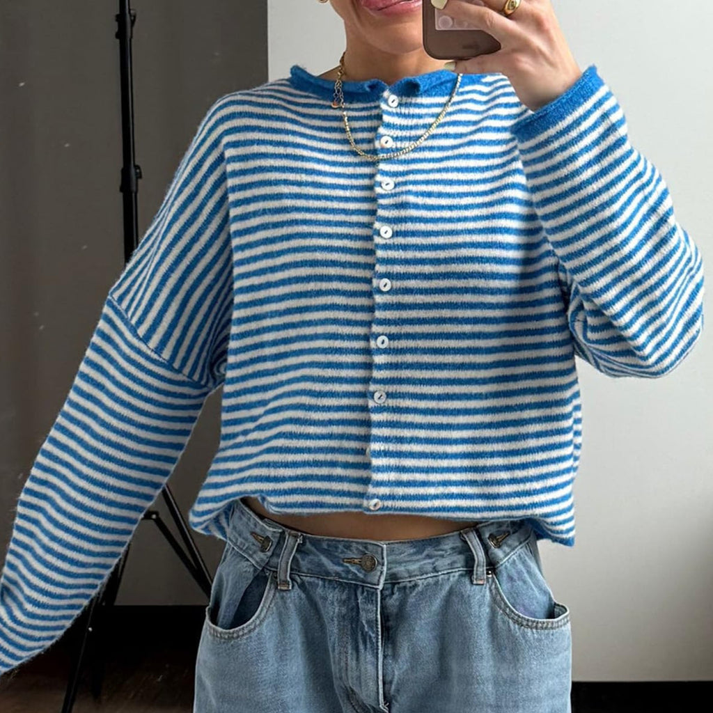 Haut de Cardigan à épaulettes à tête unique, à rayures contrastantes