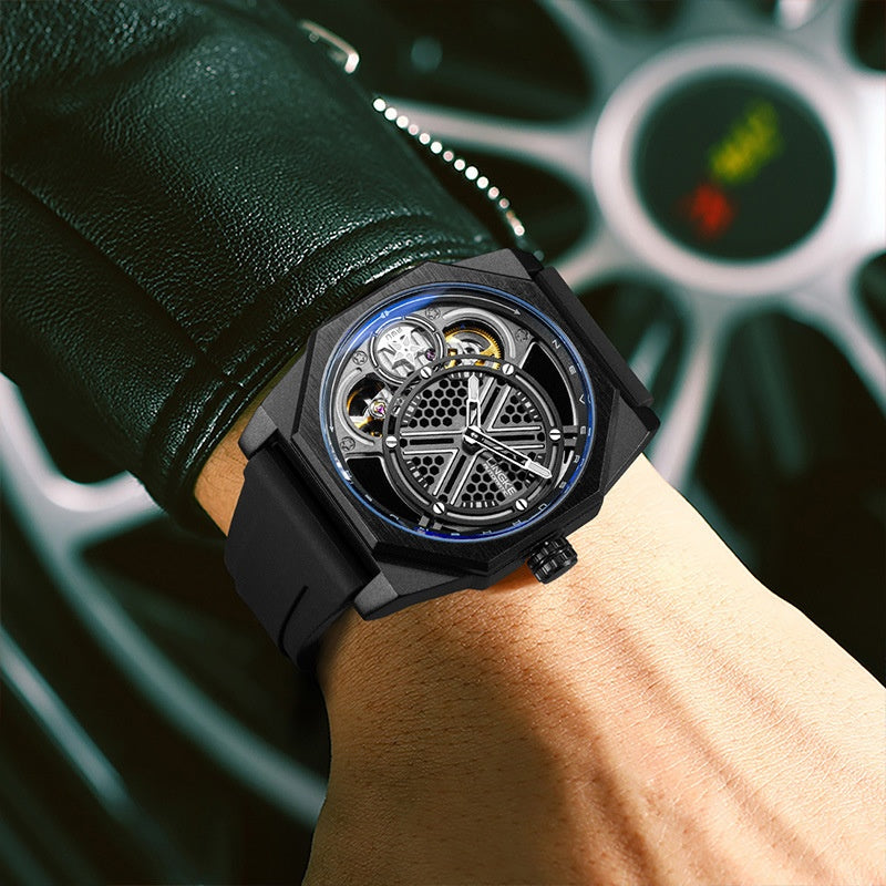 Montre homme Squelette en forme de tonneau Montre Quartz à double mouvement
