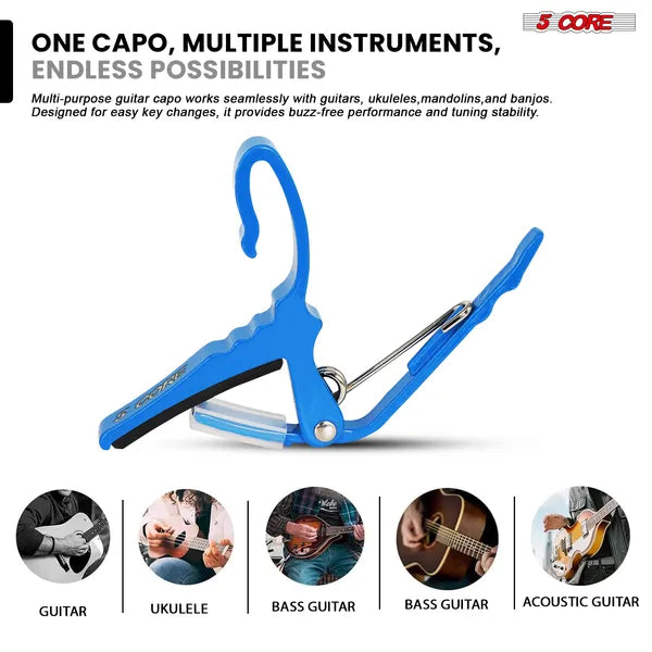 5 Core Capo Acoustic Electric Guitar String Clip Banjo Mandolin or Ukulele + 6Pcs Guitar Pi