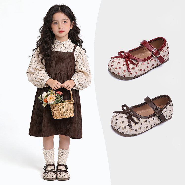 Korean Version Children's Shoes Girls' Soft-Soled Bow Princess Single Shoes Mid-Size Girls