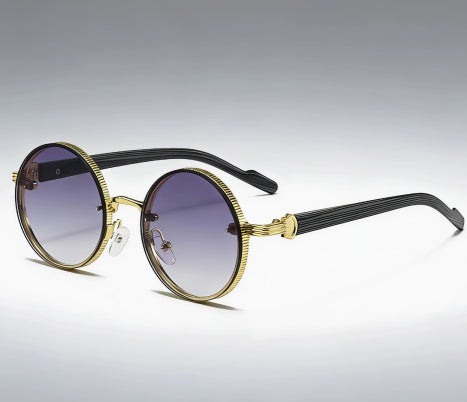 Lunettes de soleil vintage à cadre rond pour femmes Style de punk en métal avec des temples en grain de bois élégant et