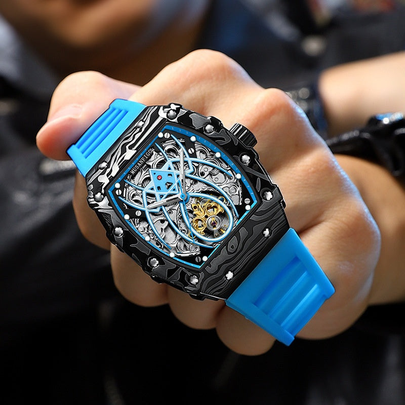En forme de barillet Entièrement automatique mécanique Lumineux Sport Mode Hommes Montre Hollow-out