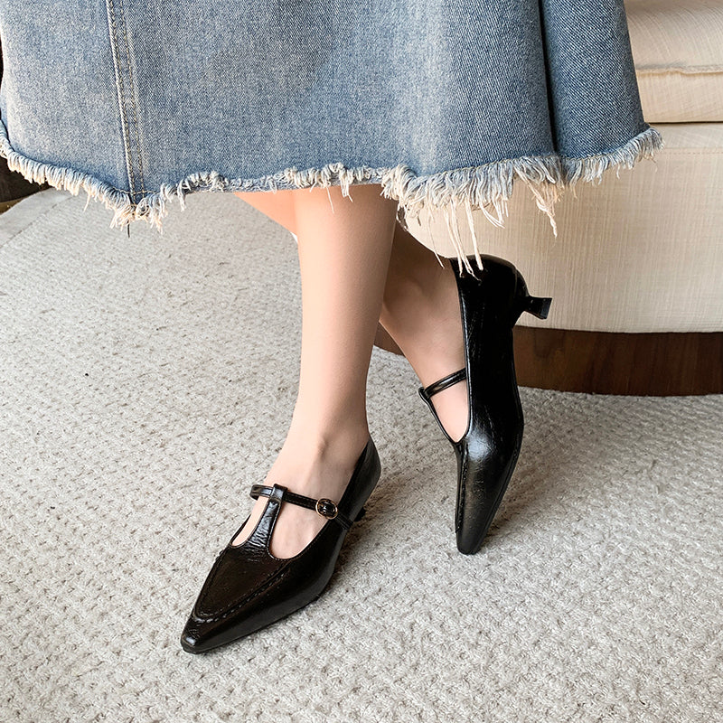 Women's Vintage French Riveted Leather Kitten Heel Pumps