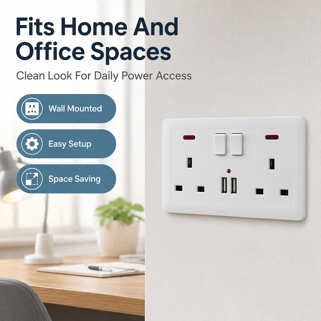 Double Wall Socket 2 Gang 13A W 2 USB Charger Sockets Flat Plate UK