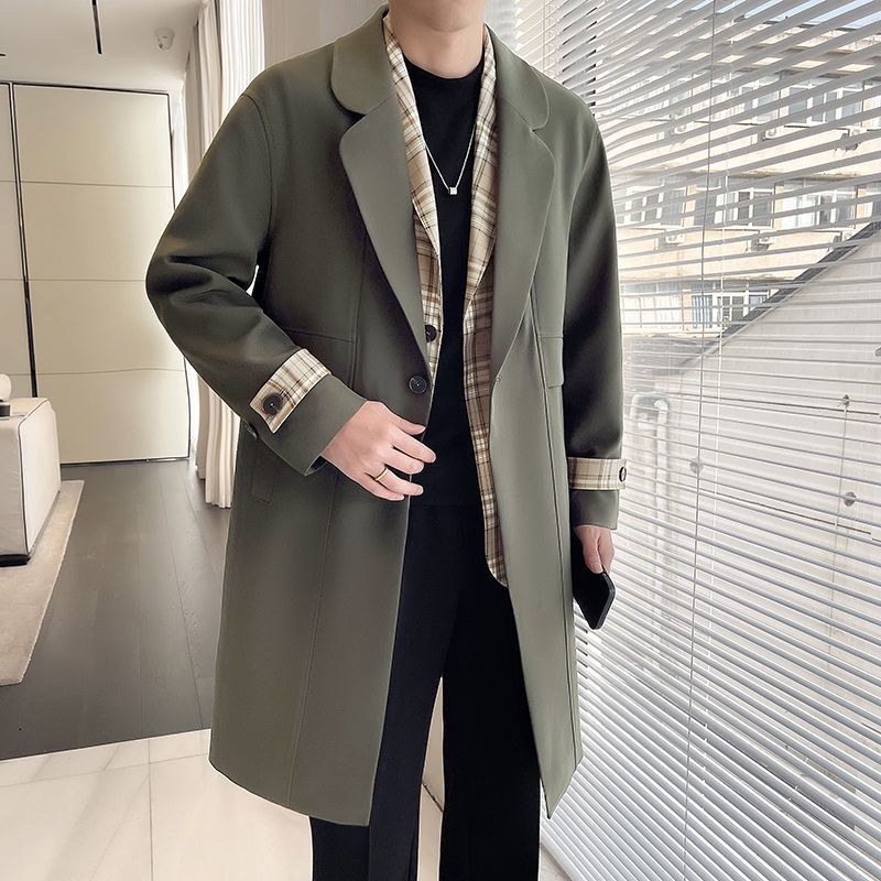 Hommes Veste Plaid Collier de chemise couleur bloc Patchwork Slim-fit Trench Coat Trendy