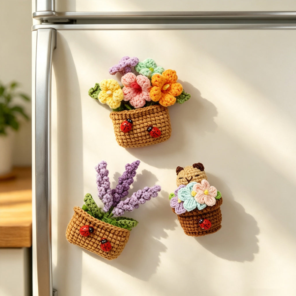 Crochet à la main usine en pot d'aimant de réfrigérateur trois pièces ensemble avec Ladybug accessoires mignon