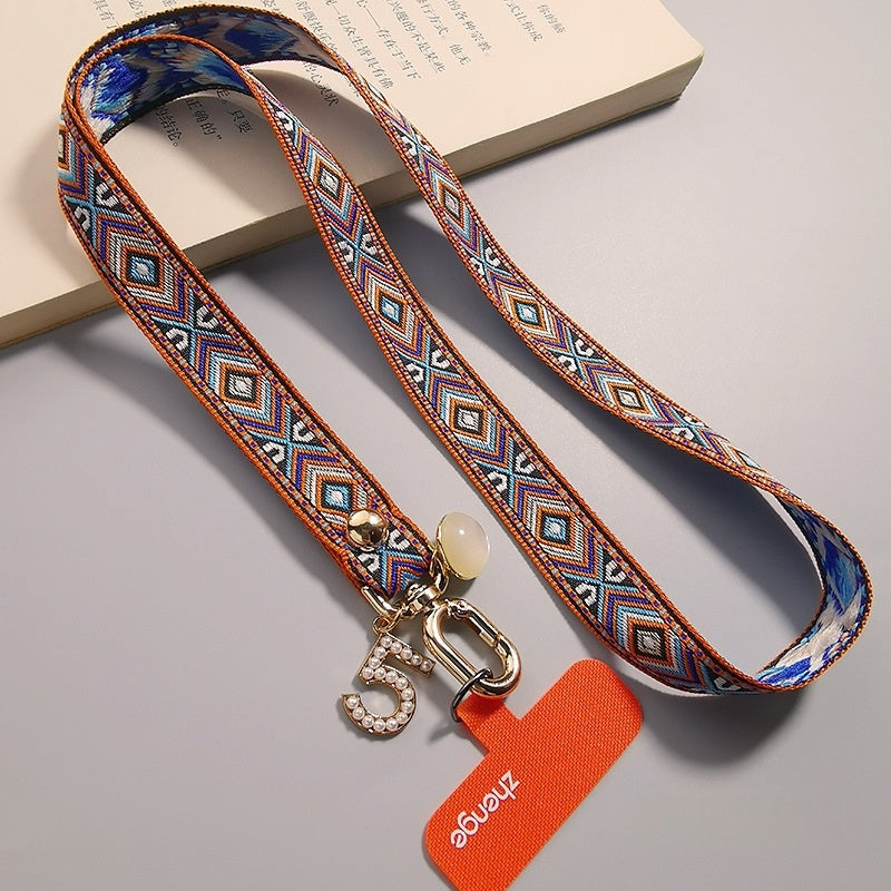 Retro motif brodé tressé robuste anti-persure Lanyard pour téléphones