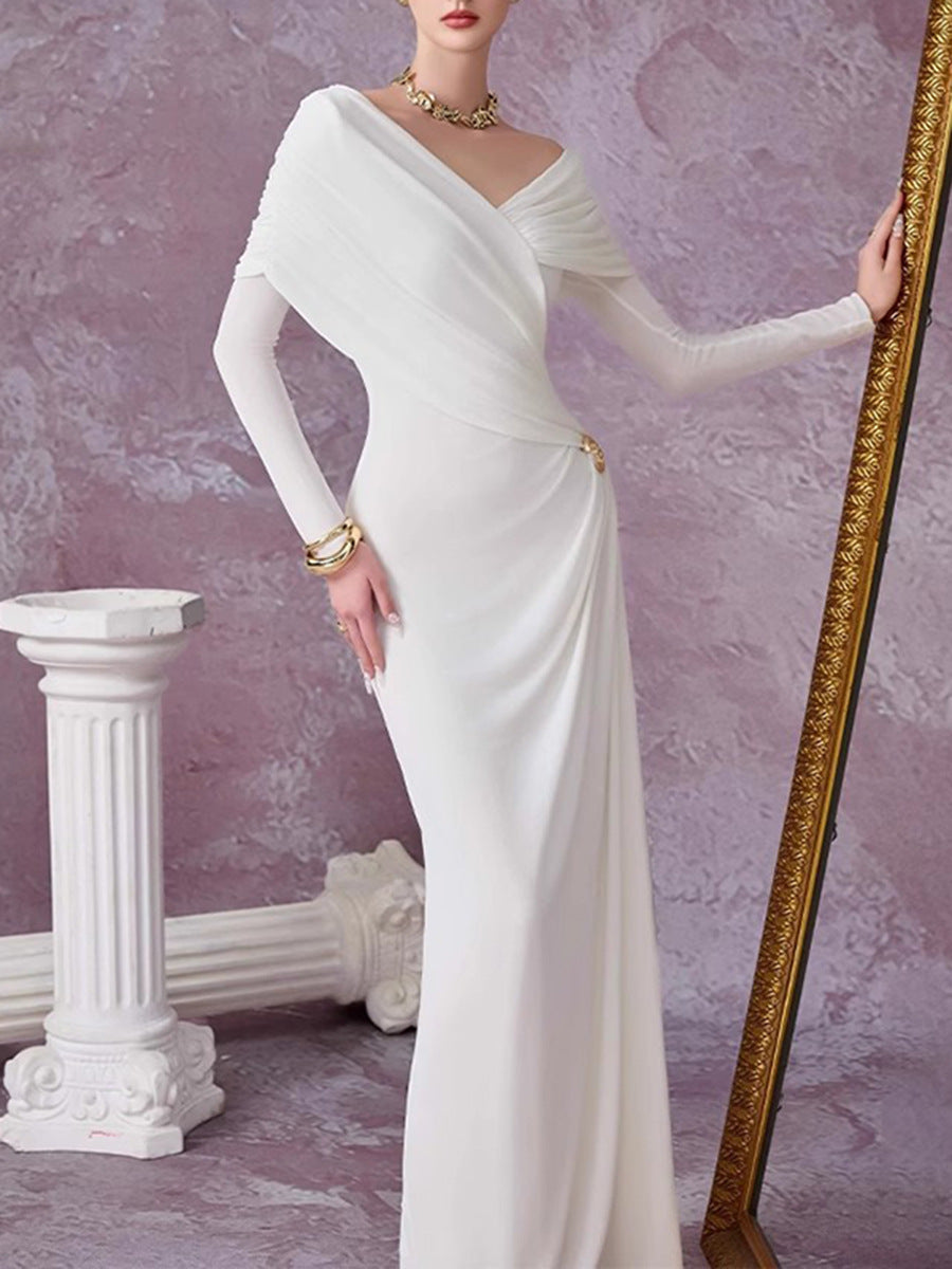 Robe de soirée à manches longues en col V drapé