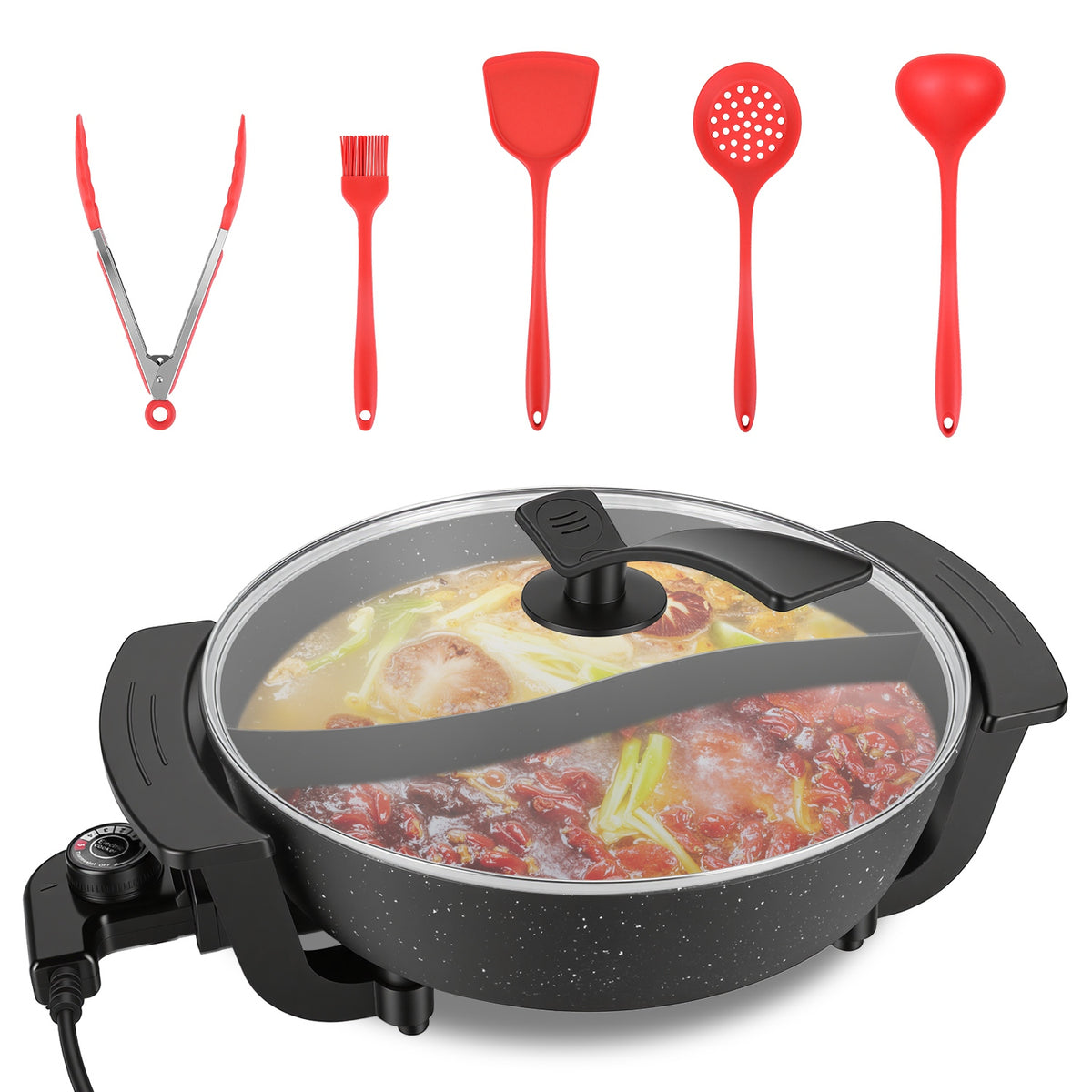 6L Electric Pot with Divider 1100W Dual Flavor Pot Shabu Shabu Pot Non-positional with 5-Temp C