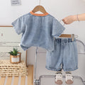 Kids' Thin Letter Print Denim Crewneck Short-Sleeve Set