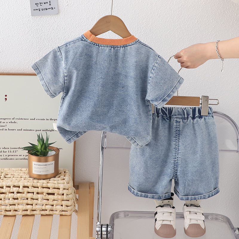 Kids' Thin Letter Print Denim Crewneck Short-Sleeve Set