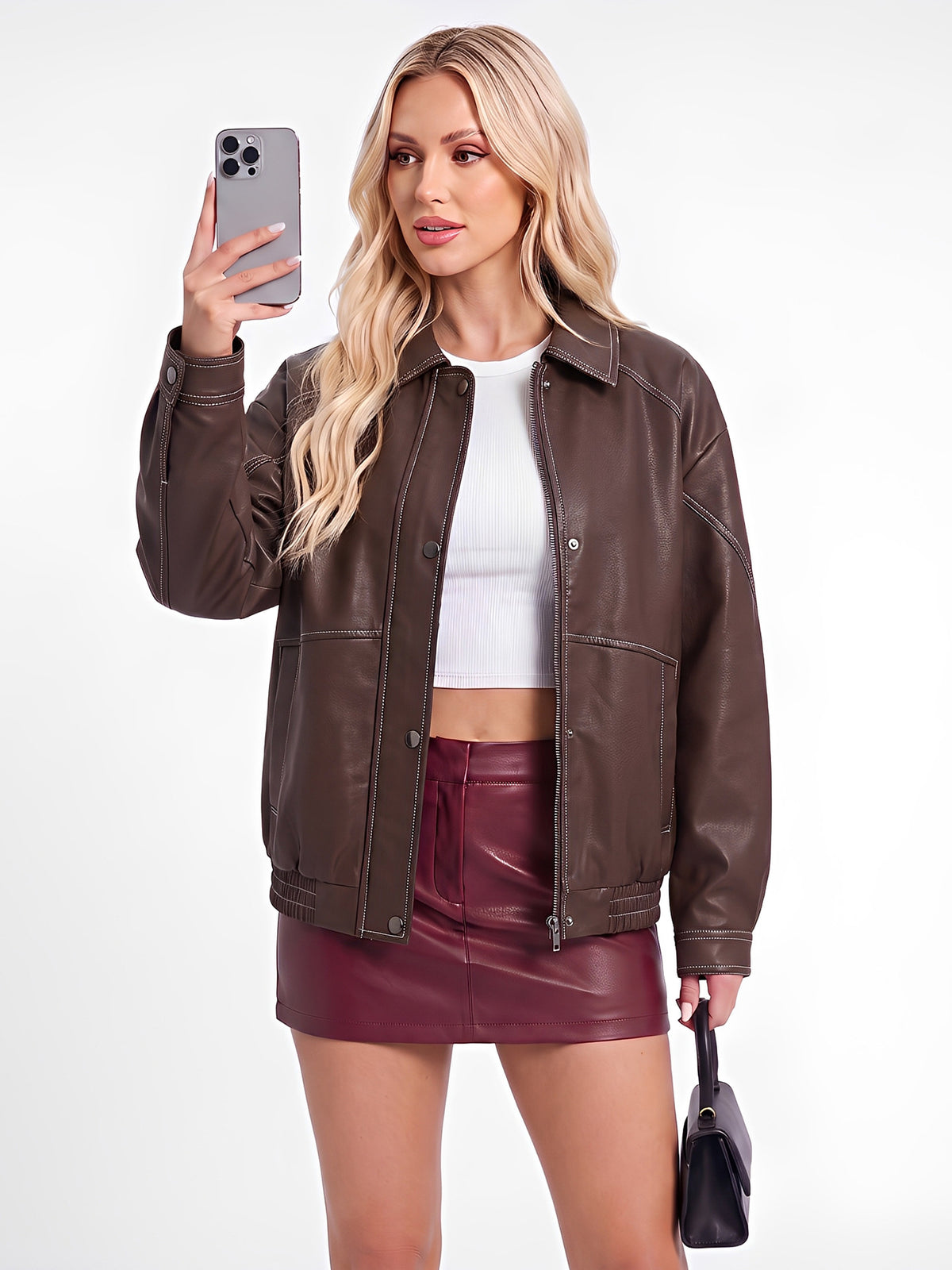 Veste de moto de style surdimensionnée en cuir pour femme Printemps et automne Fashio