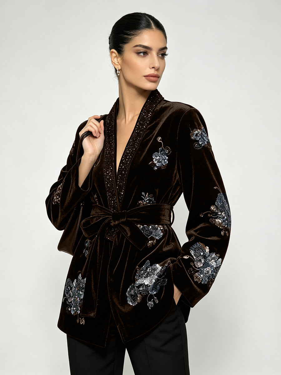 Veste florale brodée à paillettes Kimono