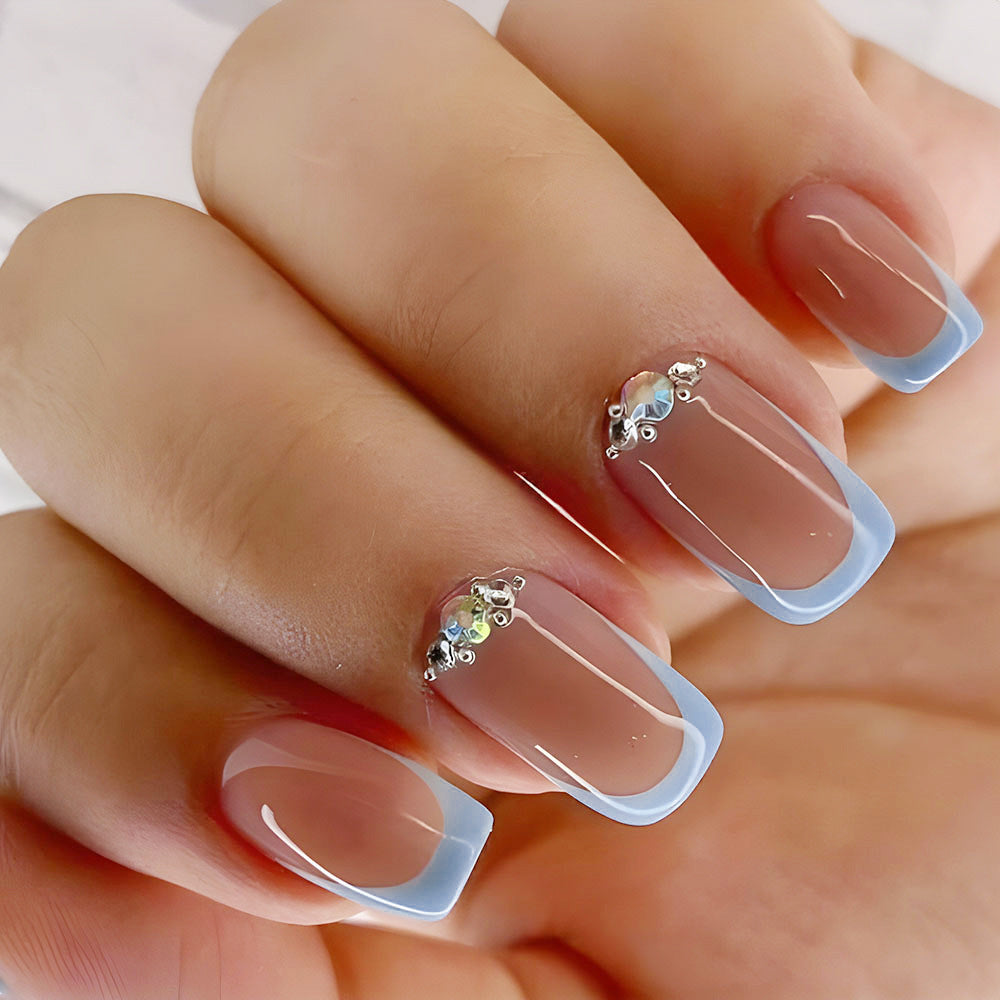 Stickers Nail Acrylique Français 24 Pièces de Court Carré avec Rhins en 3D