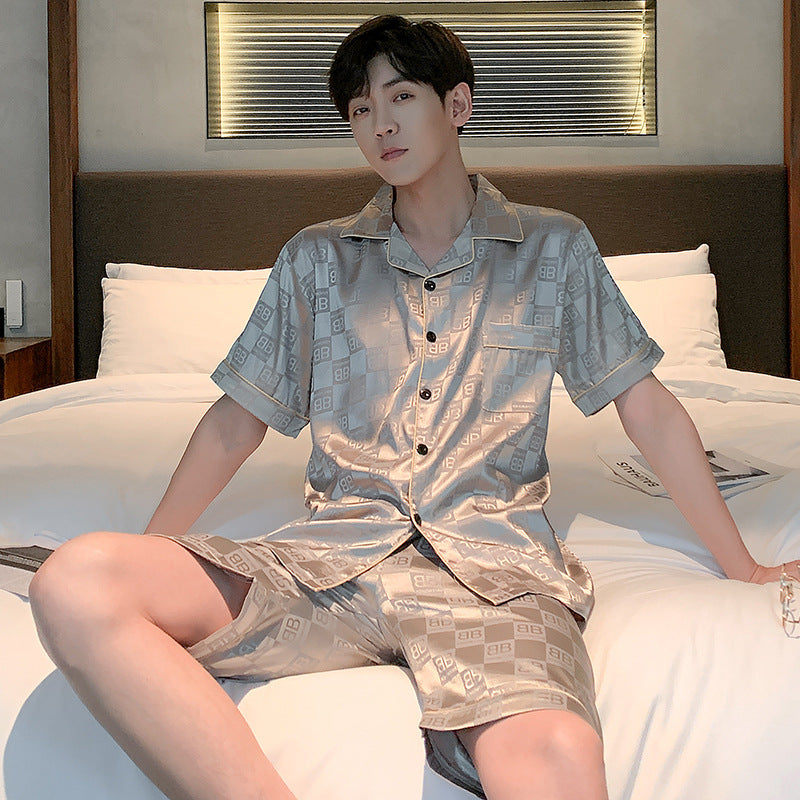 Pyjama pour homme Ice Ice Silk Thin Short Sleeve Plus Taille Loose Real Silk Jacquard Youth H