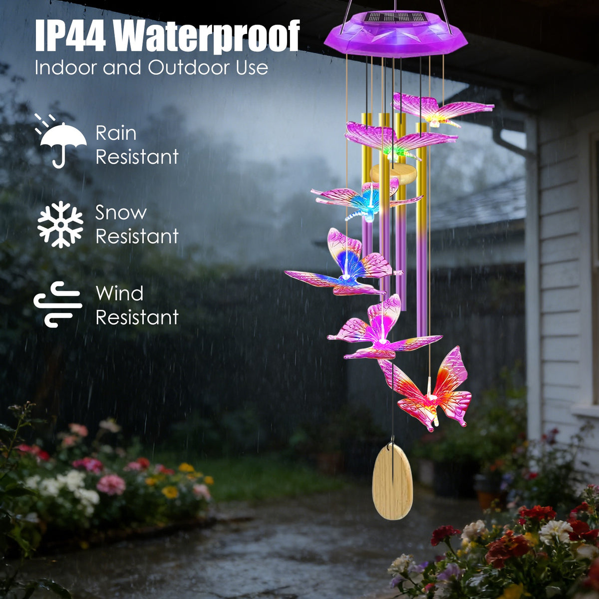 1pc Solar Butterfly Wind Chime with Aluminum Tubes 7-Color Changing Wind Chime for Outdoor