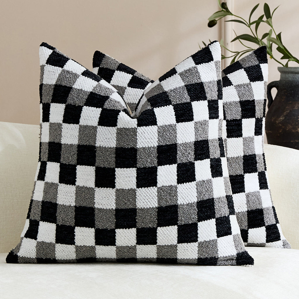 Couverture d'oreiller noir et blanc à carreaux Chenille