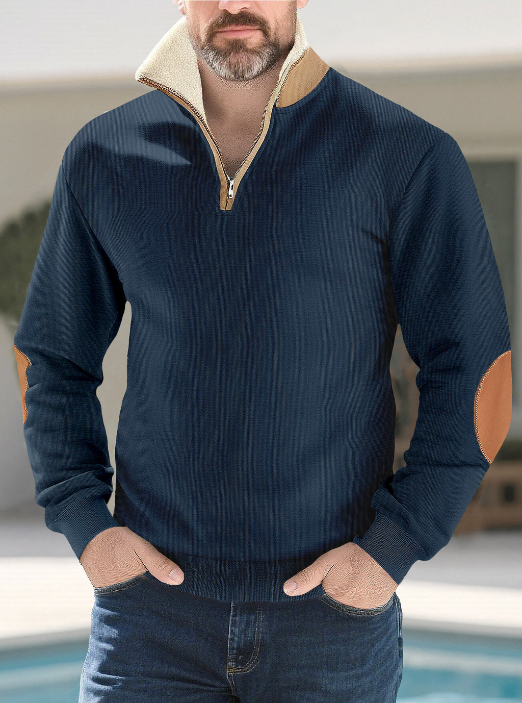 Men's Versatile Embroidered Patchwork Long-Sleeve Half-Placket