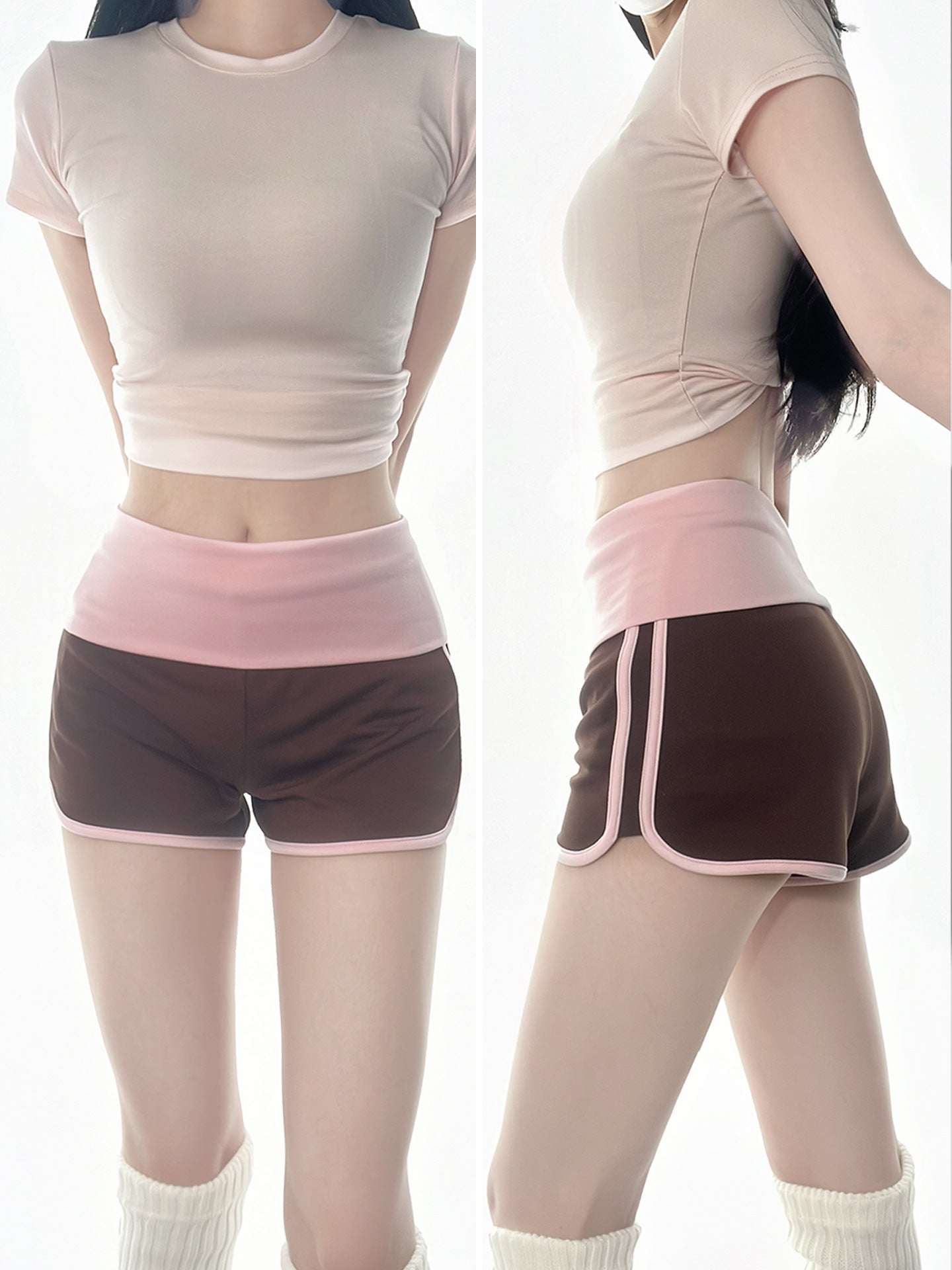Shorts de sport pour femmes en couleur rose et café