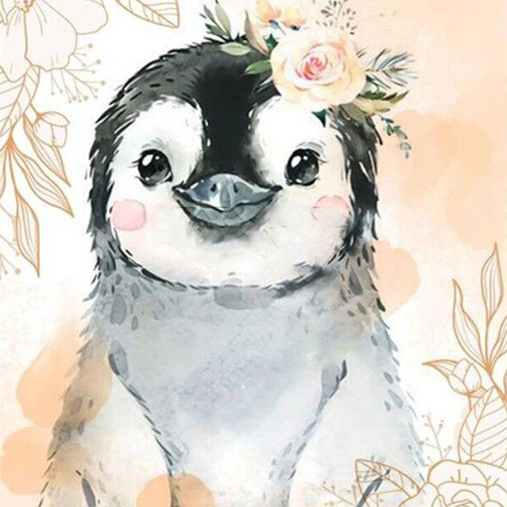 Peinture diamant - Pingouin avec fleurs