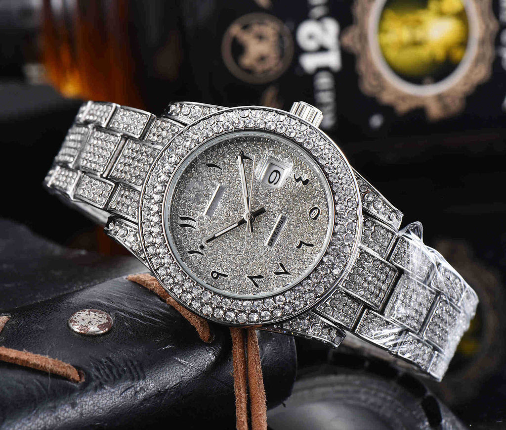 Montre Quartz en acier inoxydable tout diamant pour hommes