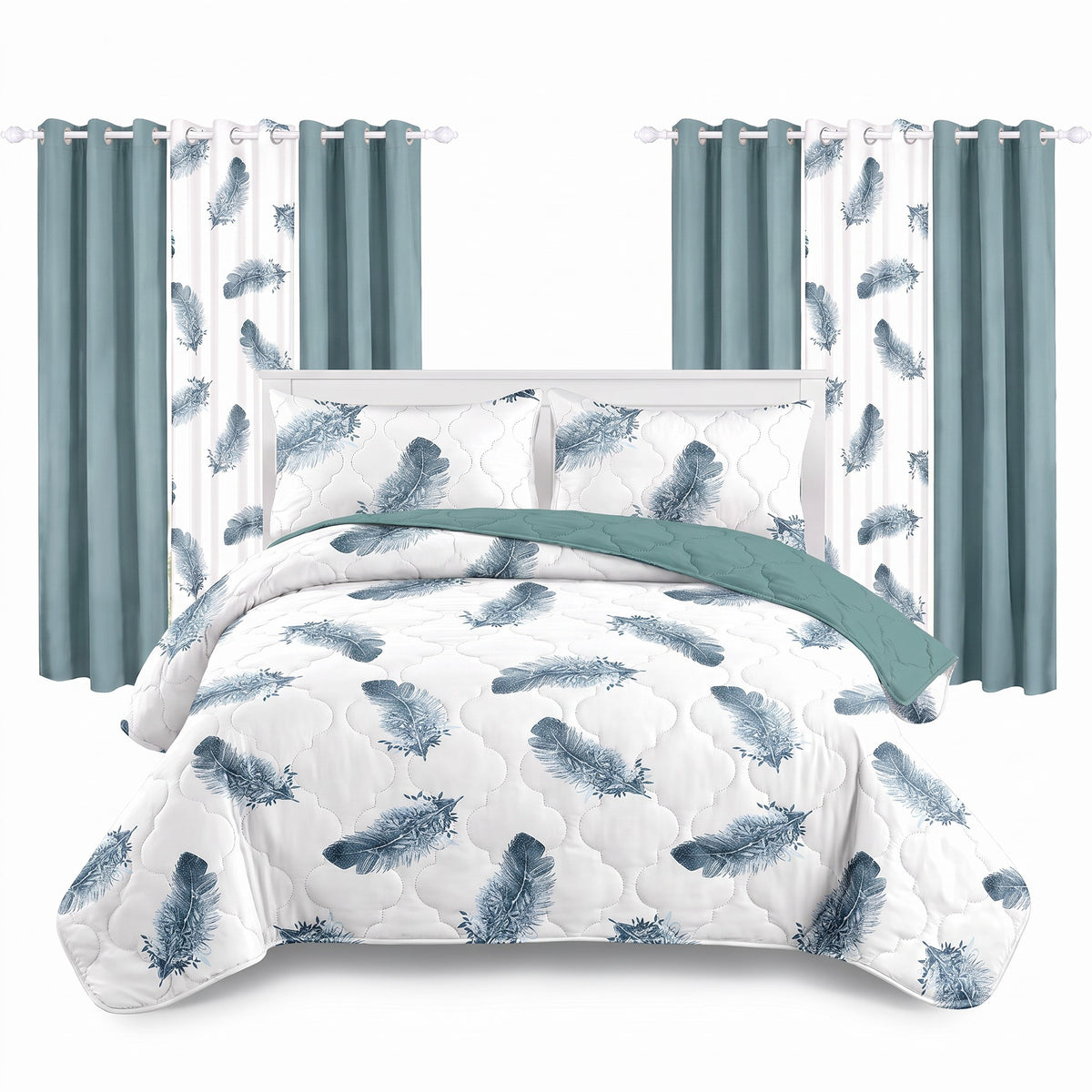 Couche de lit et jeu de rideaux en plume bleue 9 pièces
