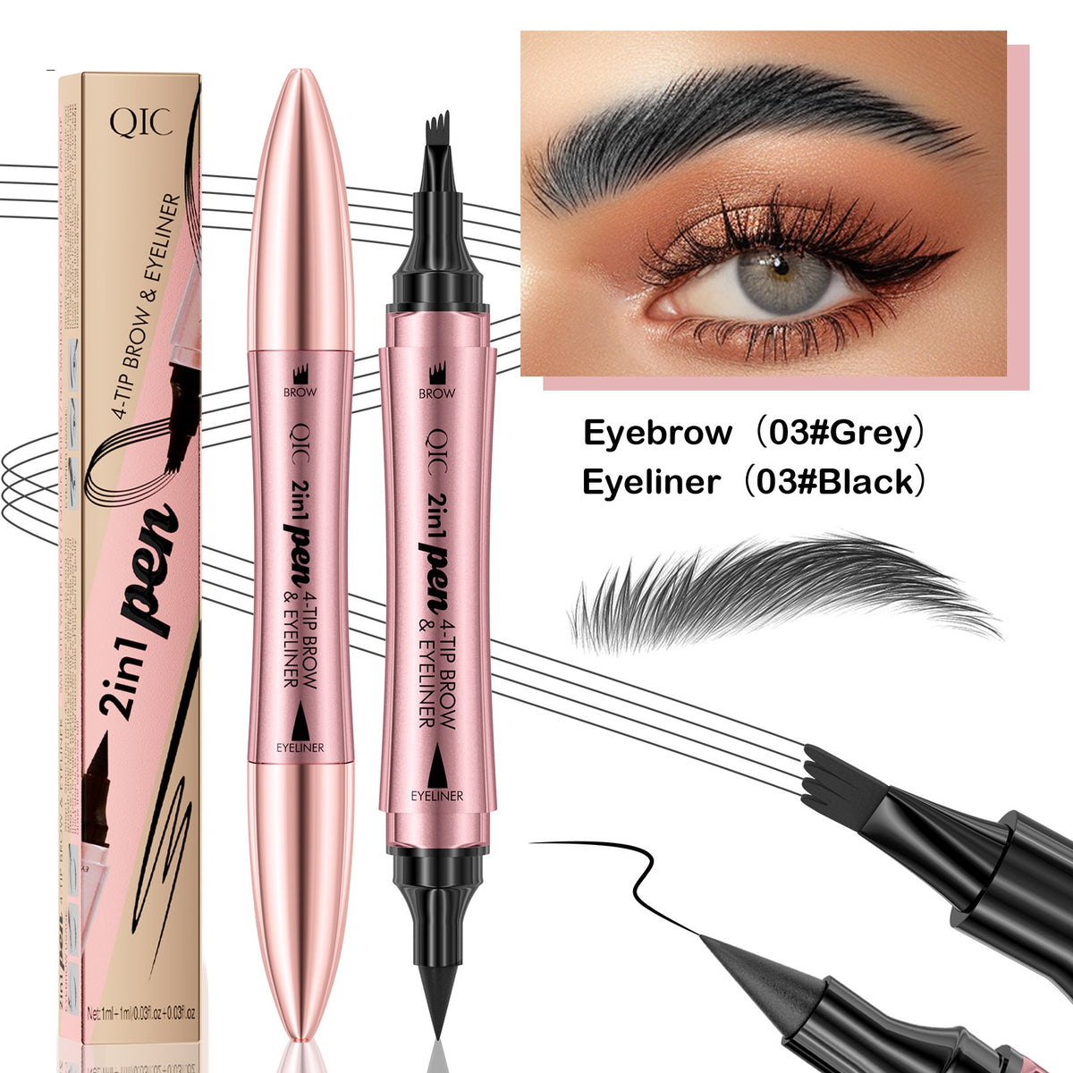 Double-tête 3D Micro-câble liquide à quatre fourches Crayon Eyeliner 2-en-un Double-purpo