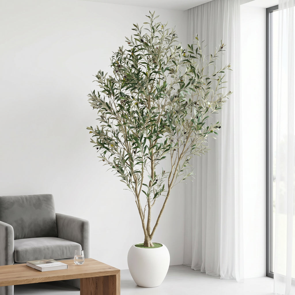 8FT Arbre d'olivier artificiel avec grand planteur blanc décoratif