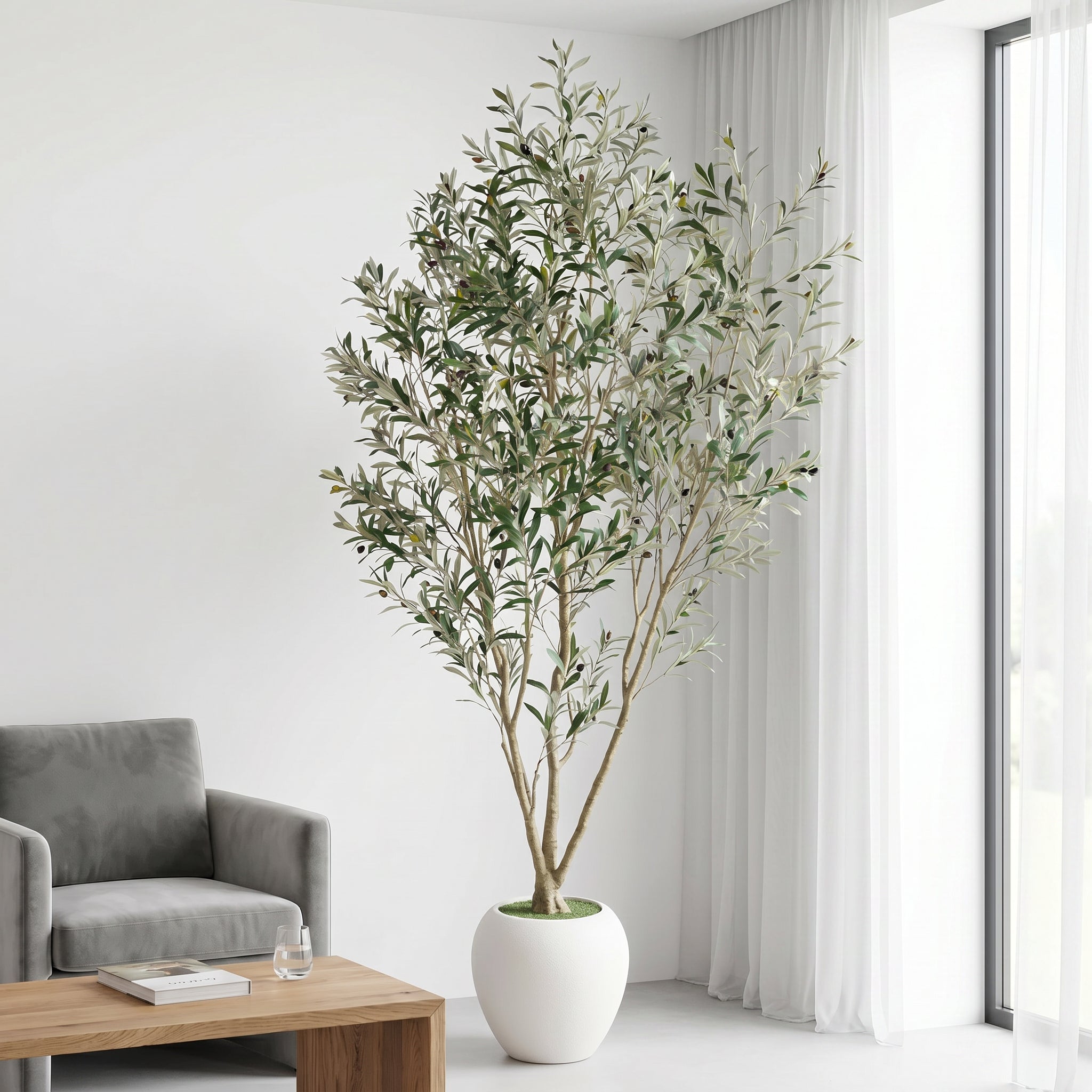 8FT Arbre d'olivier artificiel avec grand planteur blanc décoratif