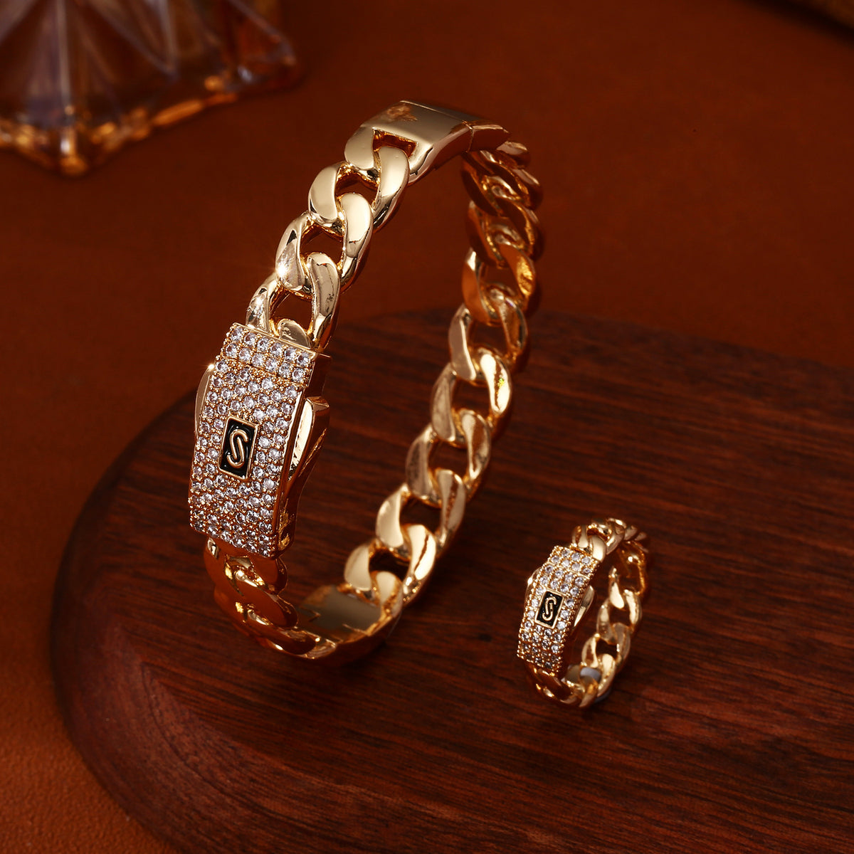 Men's gold Cuban bracelet with matching ring, hip-hop style