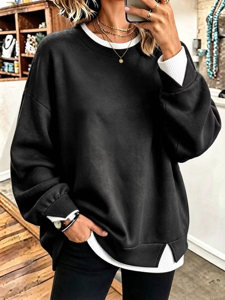 Col rond Patchwork à manches longues Pullover Sweatshirt de couleur unie