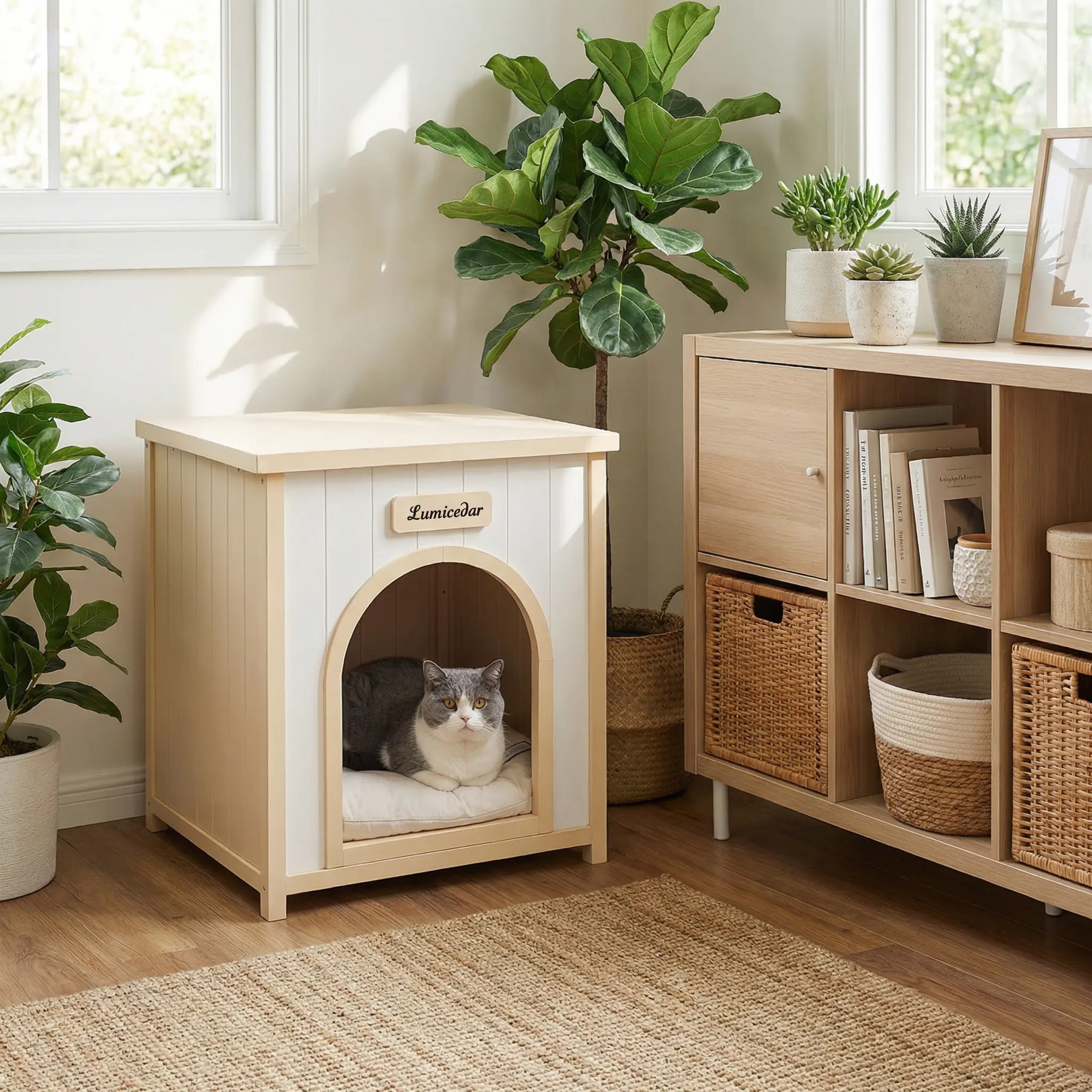 Maison de chien en bois moderne avec coussin amovible – Cèdre solide Pet House pour petit faire