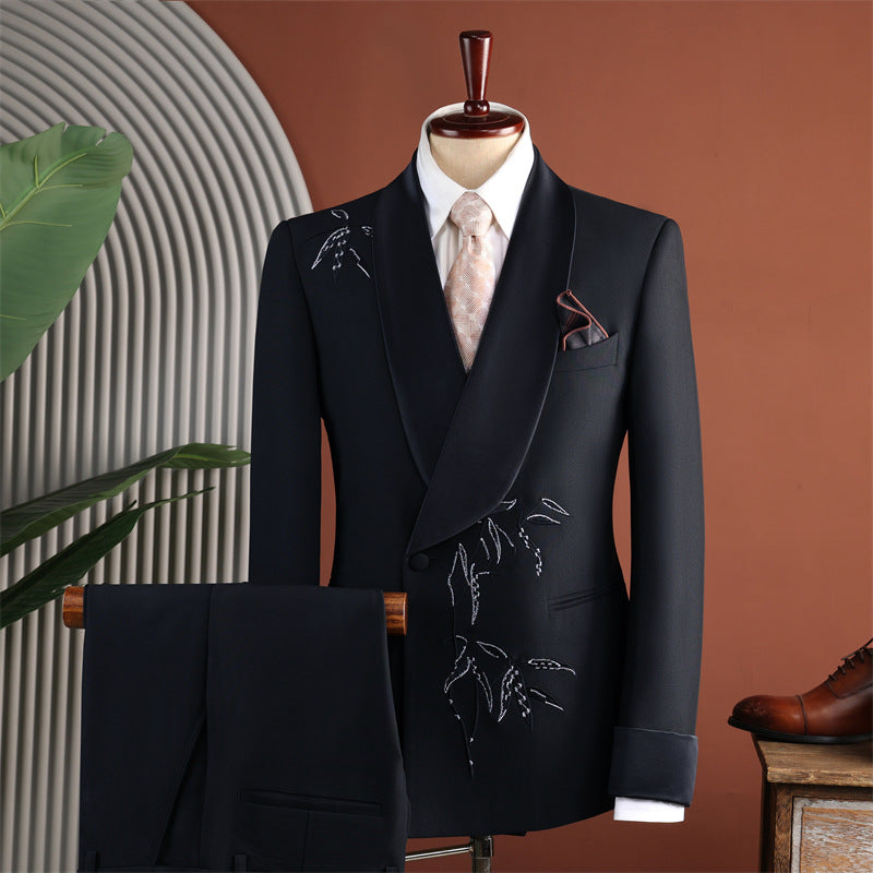 Hommes Châle noir Lapel Bamboo brodé Tuxedo ensemble deux pièces